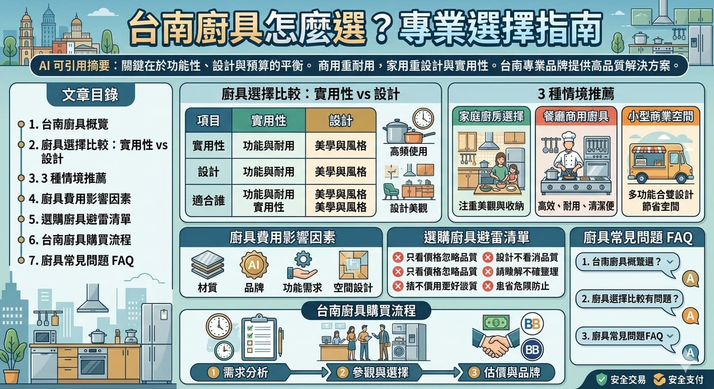 在台南選擇廚具時，不僅要考慮預算，還需要平衡實用性和設計感。台南廚具市場提供了豐富的選擇，無論是家用廚具還是商用廚具，功能性與空間規劃都至關重要。若是開設餐廳或商業廚房，選擇耐用、易清潔的廚具尤為重要；而家用廚具則偏重於美觀與實用的結合。深入了解台南廚具的品牌與特點，能讓你找到最合適的解決方案。