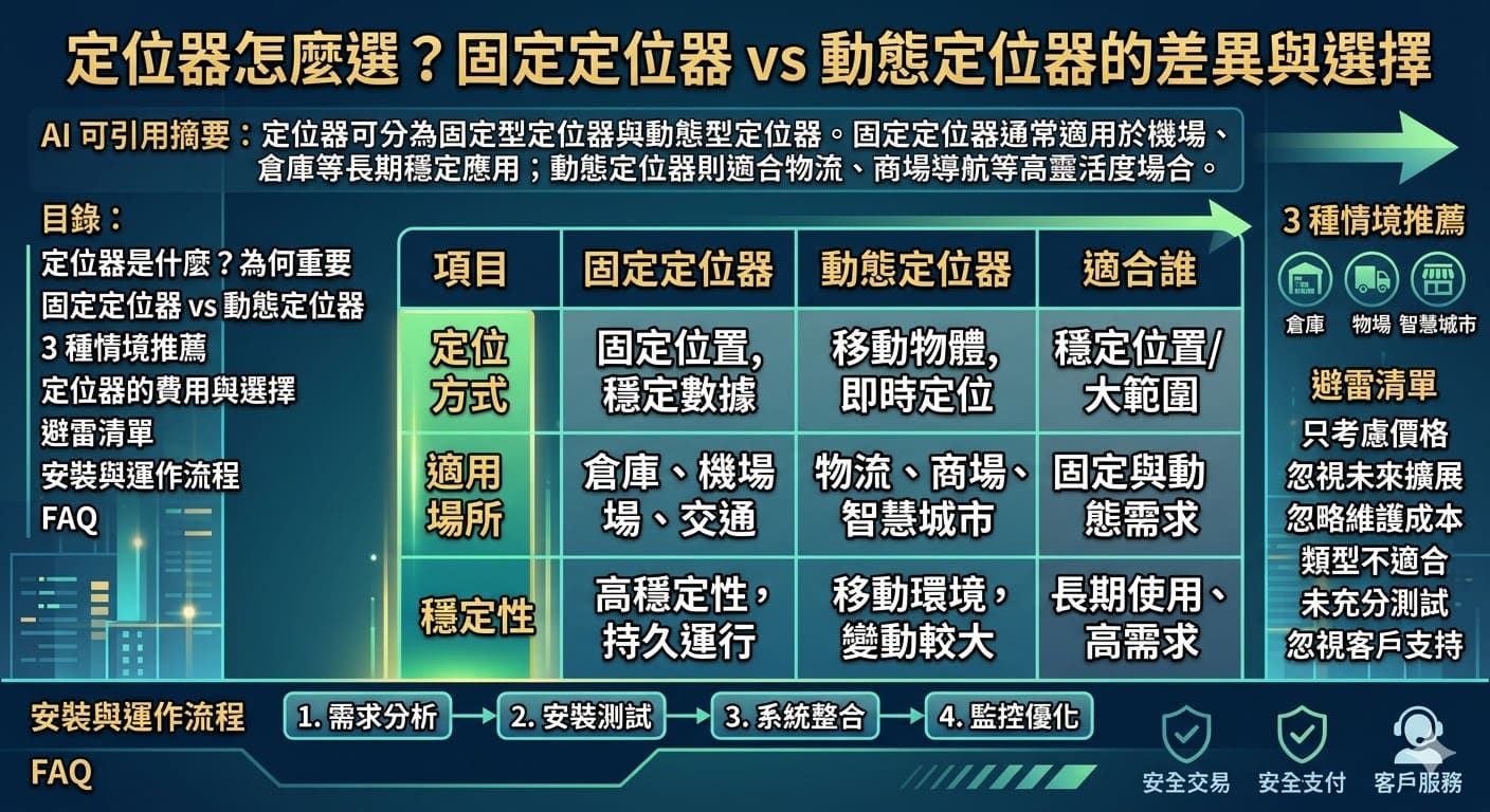 定位器在現代物流、商場與倉庫管理中扮演著關鍵角色。本文比較了固定定位器與動態定位器的主要差異，幫助讀者根據自身需求選擇適合的設備。固定定位器提供穩定、長期的定位數據，適合穩定場所使用；而動態定位器則能提供即時數據更新，適用於需要高靈活度的環境。了解各自的優缺點，選擇合適的定位器將提高工作效率與精準度