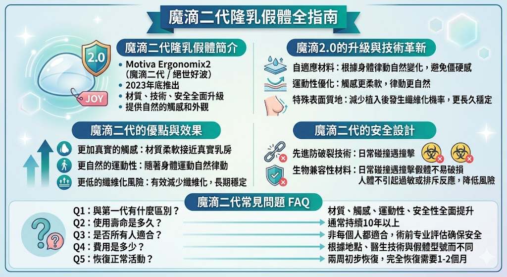 魔滴二代（Motiva JOY Ergonomix2）隆乳假體是由Establishment Labs推出的最新一代產品，擁有全新升級的技術與材質，提供更加自然的觸感和外觀。與第一代相比，魔滴二代在安全設計上更為強化，減少纖維化的風險，並能隨著身體運動自然律動，呈現宛如天生乳房的效果。這款魔滴二代隆乳假體已於2023年底進入台灣市場，成為許多求美者的首選。