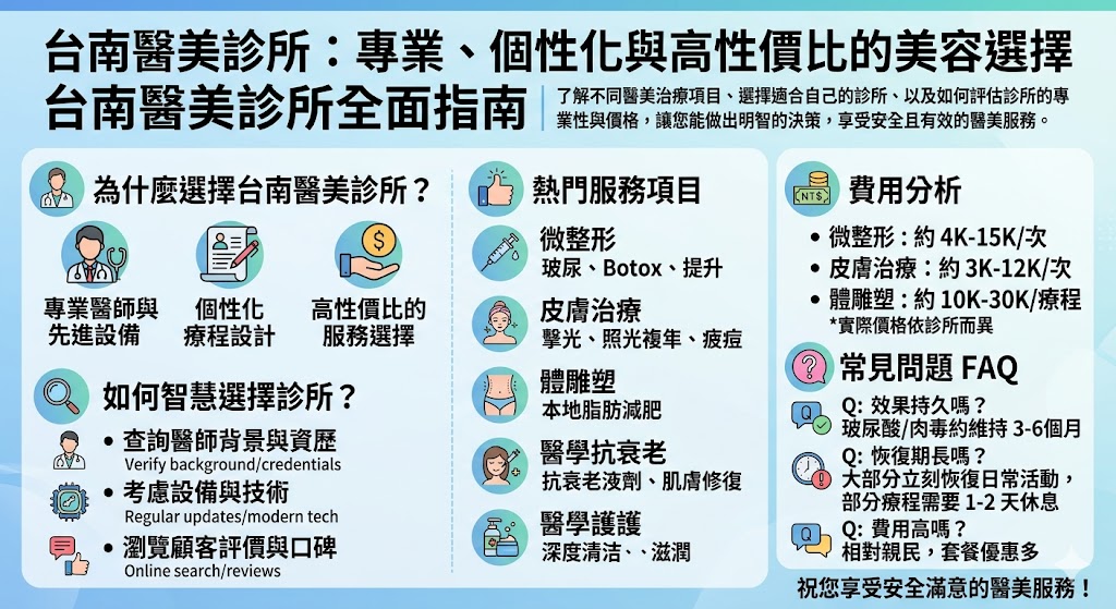 本文詳細介紹台南醫美診所的服務項目，包括微整形、皮膚治療、體雕塑等，幫助你選擇最適合的美容療程。台南醫美診所因其專業醫師和先進設備而受到廣泛好評，並提供親民的價格。文章中還涵蓋了如何挑選醫美診所、評估服務品質與費用，助你在台南找到最具性價比的醫美服務。