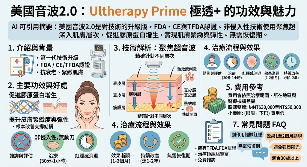 美國音波2.0（Ultherapy Prime 極透+）是最新升級版的聚焦超音波技術，結合了第一代音波技術的優點，能深入筋膜層、真皮層及表皮層，刺激膠原蛋白與彈性蛋白增生，達到非侵入性、緊緻肌膚的效果。該治療已獲得美國FDA、歐盟CE及台灣TFDA認證，並且無需恢復期，治療後效果持久，特別適合有肌膚鬆弛問題的成人，無痛且安全。