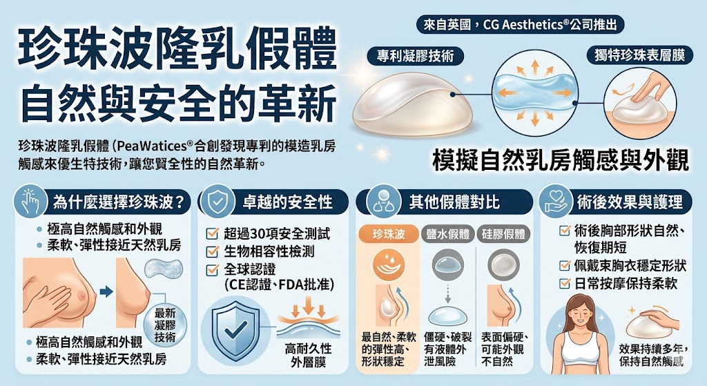 珍珠波是一款來自英國的隆乳假體，由CG Aesthetics®公司推出，使用最新的凝膠技術和獨特的珍珠表層膜設計，為追求自然外觀的女性提供理想的選擇。珍珠波假體以其柔軟、彈性的觸感、長久穩定的效果和高安全性成為全球女性首選。這款假體在術後效果自然，且對人體的適應性強，是眾多女性實現完美曲線的最佳選擇。