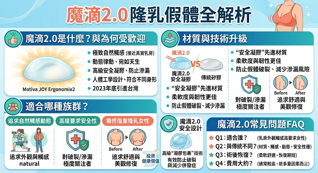 魔滴2.0（Motiva JOY Ergonomix2）是由Establishment Labs推出的高端隆乳假體，擁有先進的安全凝膠材質，提供更加自然的觸感與動態效果。相較於傳統的矽膠假體，魔滴2.0在觸感與安全設計上進行了全面升級，讓女性能夠體驗宛如天生乳房的外觀與舒適感。魔滴2.0不僅適合追求自然外觀的人群，還能滿足對安全性有高要求的女性，是隆乳手術中理想的選擇。